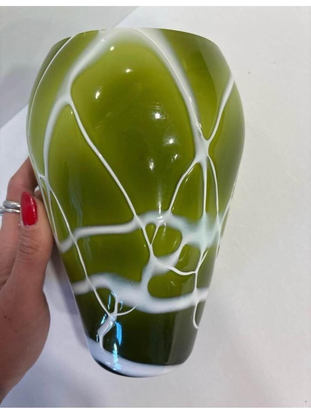 Vintage green Murano glass art vase white swirls